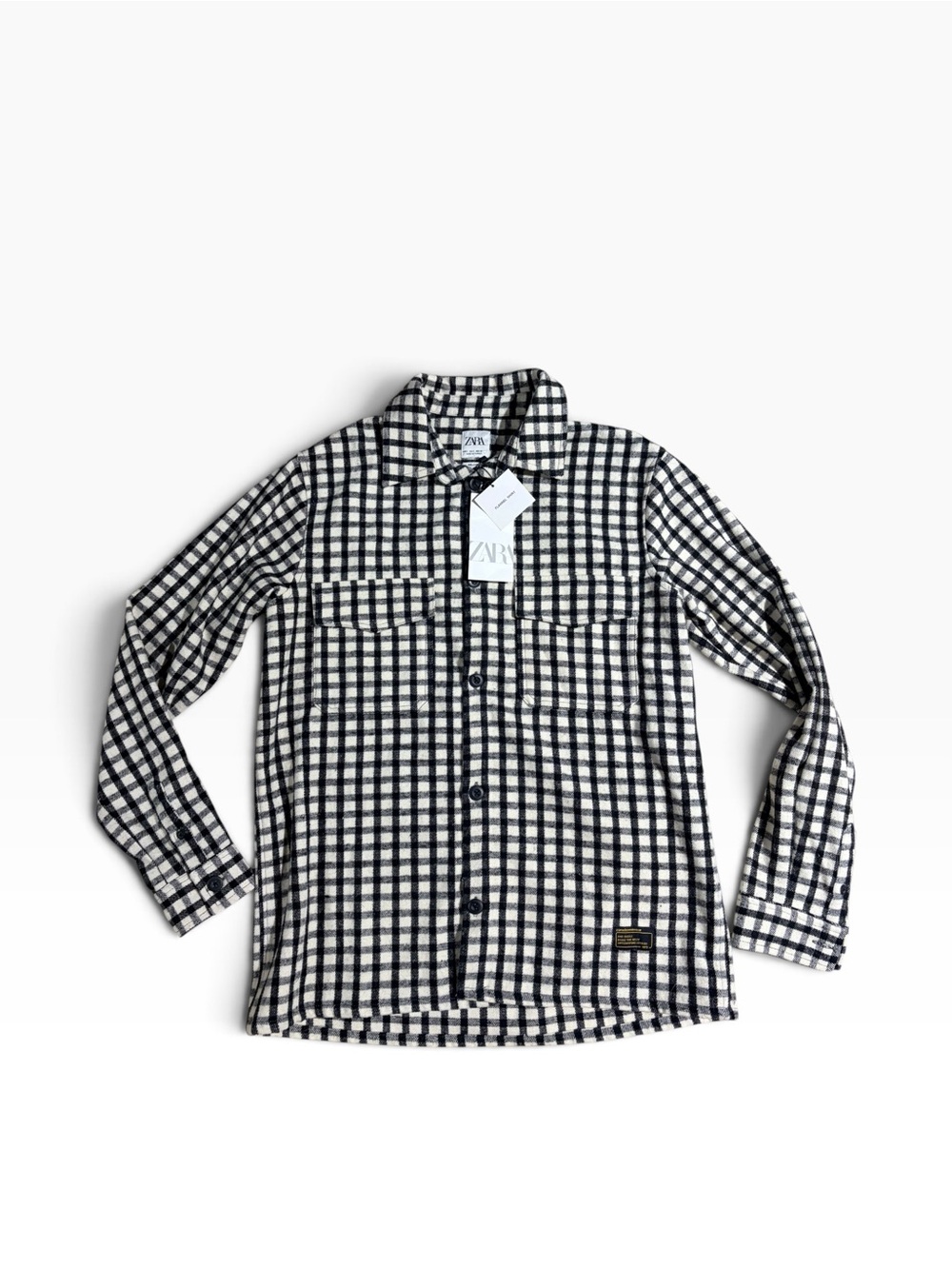 Zara Relaxed Flannel Shirt White Black Checkered Plaid Size Small NWT